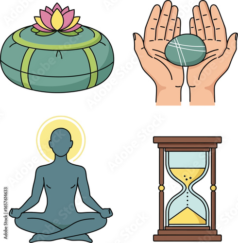Four illustrations depict a meditation cushion, hands holding a stone, a meditating figure, and an hourglass.
