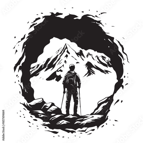 Silhouette of Adventurous Man Hiker Standing in Cave Looking at Mountain Peak