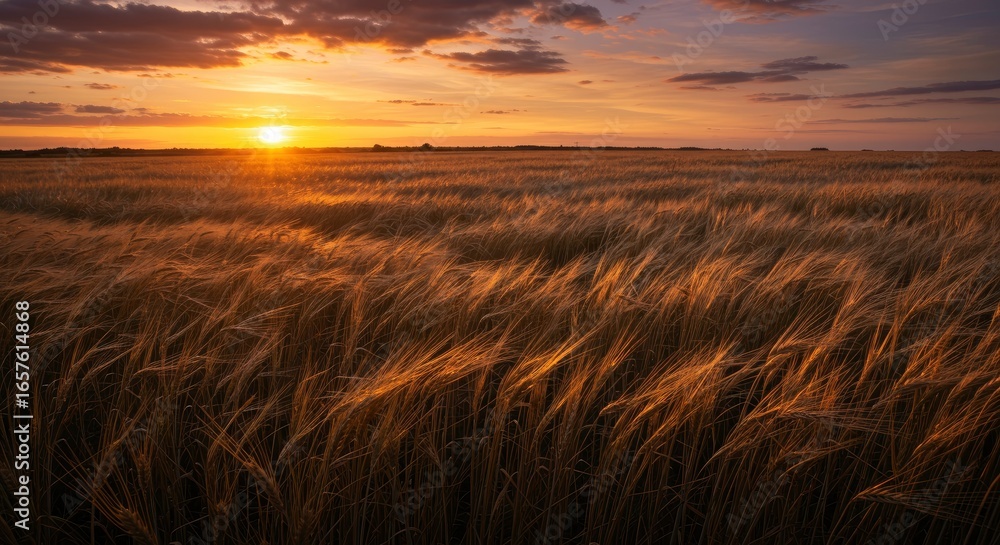 Fototapeta premium Sun sets over a wheat field golden hour light