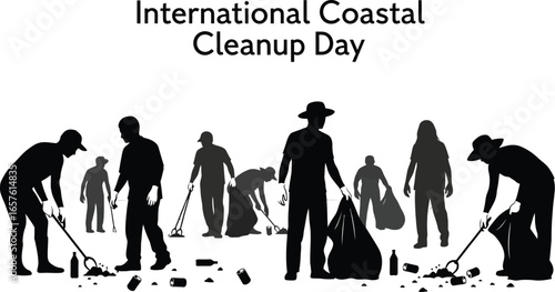 Silhouette of people participating in international coastal cleanup day, a volunteer effort to remove trash and debris from beaches and oceans