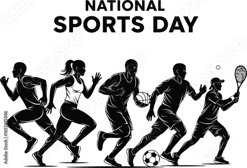 A silhouette of athletes running and playing sports national sports day celebrating sports and healthy lifestyle
