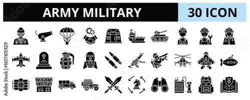 30 Army Military Glyph Icons Vector - Veteran, Barrack, Warship, Tanker, Nuclear Bomb, Ammo, Tactic, Sniper