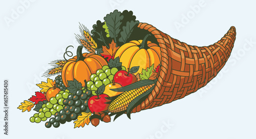 Colorful Autumn Harvest in a Wicker Basket Filled with Pumpkins, Grapes, Apples, Corn, and Fall Foliage, Perfect for Seasonal Market, Thanksgiving, and Holiday Celebration Promotions