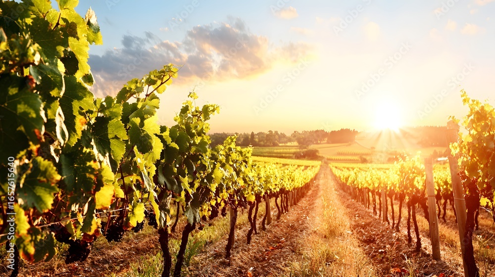 Naklejka premium Beautiful Vineyard Landscape at Sunset with Lush Green Grape Vines in Rows