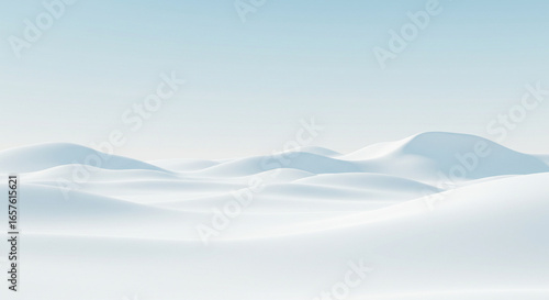 A serene, digitally rendered snowy landscape with gentle hills.