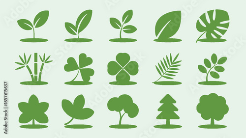 A collection of 16 minimalist green leaf and tree icons arranged in a 4x4 grid on a white background.  