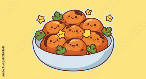 Cute Cartoon Style Bowl of Smiling Potatoes with Green Parsley and Star-Shaped Toppings, Delicious Vegetarian Meal, Playful Food Illustration for Cooking, Recipes, or Food Blog Use