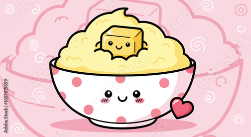 Cute kawaii-style illustration of a smiling bowl of rice with a happy butter cube character inside, surrounded by playful pink and pastel-colored swirls, ideal for food, breakfast, and dessert themed