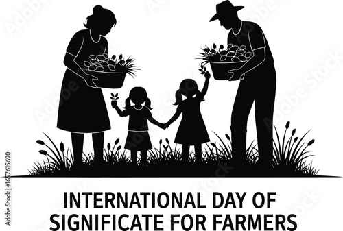 International day of significance for farmers silhouette with family working in the field