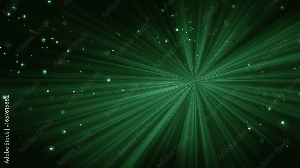 Fototapeta premium Radial green glowing rays with bokeh circles on dark gradient background for big data visualization and green tech wallpaper