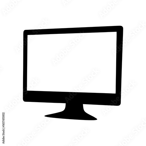 Flat computer monitor display silhouette- Black silhouette of a flat computer monitor or television with stand, representing technology, digital display, screen usage, and modern devices