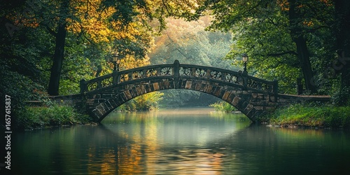 Stone pedestrian bridge with lamp posts crossing calm river, surrounded by autumn trees, reflections on water, misty background, park landscape, peaceful scenery. Generative by AI.