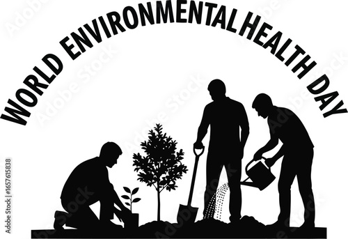 World environmental health day silhouette of people planting trees with shovel and watering can