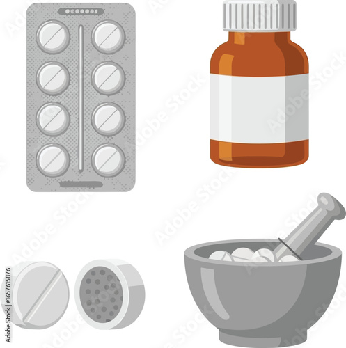Pharmaceutical products: blister pack, pills, bottle, mortar and pestle.