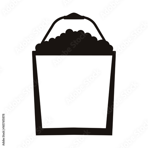 Silhouette of bucket filled with material- Black silhouette of a bucket filled with granular material, symbolizing construction, farming, gardening, or general utility container use