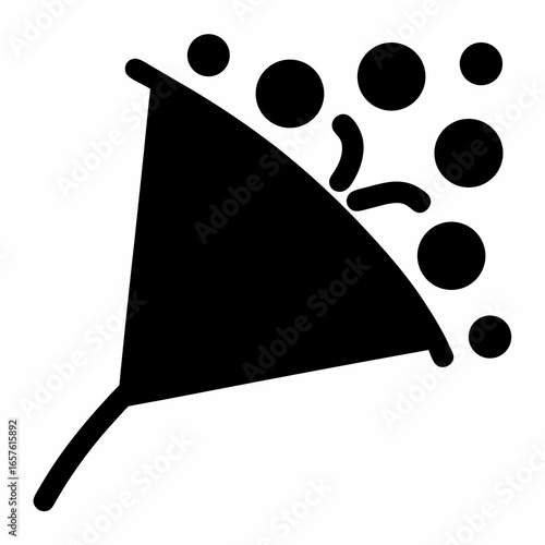 Party popper cone with confetti circles- Black silhouette of a party popper cone releasing round confetti pieces, symbolizing festive celebration, fun, joy, and special events