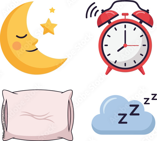 Sweet dreams and waking up:  A cheerful illustration of sleep icons including a crescent moon, alarm clock, pillow, and sleep cloud.