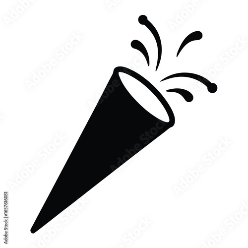 Party popper icon with confetti burst- Black silhouette of a party popper cone releasing confetti and streamers, symbolizing celebration, joy, festivity, and special events
