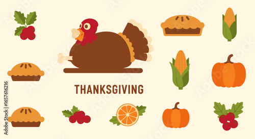 Festive Thanksgiving Illustration with Traditional Food Items including Roasted Turkey, Pumpkin Pie, Corn, and Seasonal Fruits and Vegetables, Perfect for Holiday Celebrations and Holiday Marketing