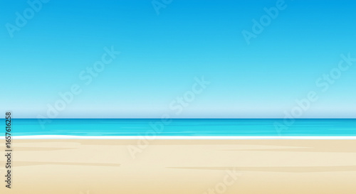 A serene beach scene with clear blue sky, turquoise water, and a sandy shore.