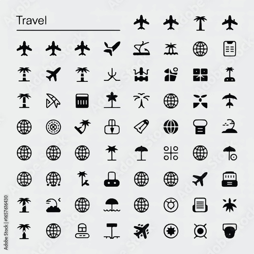 A collection of 80 black and white travel and vacation icons arranged in a 10x8 grid on a white background.