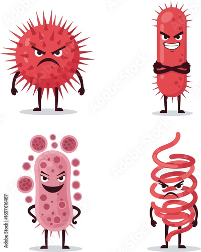 Cartoon illustrations of various angry, anthropomorphic microorganisms with menacing expressions.