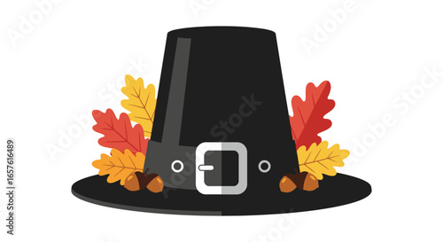 Traditional Pilgrim Hat with Autumn Leaves and Acorns - Iconic Thanksgiving Headwear for Celebrations, Holidays, and Seasonal Festivals, Perfect for Autumn Decorations and Festive Events