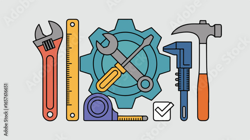 Collection of colorful flat design tools and engineering elements on a light gray background