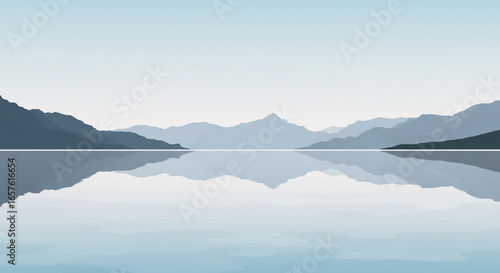 Serene mountain range reflected in a calm lake, a tranquil landscape.