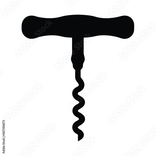Corkscrew silhouette icon with T-handle- Black silhouette of a corkscrew with a T-shaped wooden-style handle and spiral metal screw, used for opening wine bottles and beverages