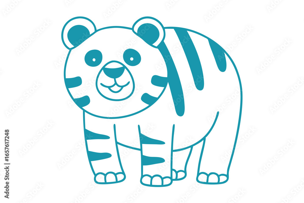 Obraz premium Cartoon tiger outlined in teal standing cheerfully with rounded ears and stripes