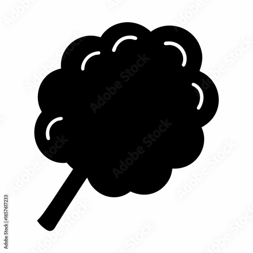 Cotton candy silhouette icon on stick- Black silhouette of fluffy cotton candy on a stick, representing sweet carnival food, festive snacks, and sugary fairground treats