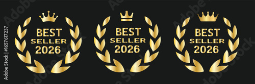 Best seller sticker label with ribbon, gold badge and gold ribbon with Stars and laurel wreath Decoration vector isolated Premium Quality text product, for book cover label or your product the