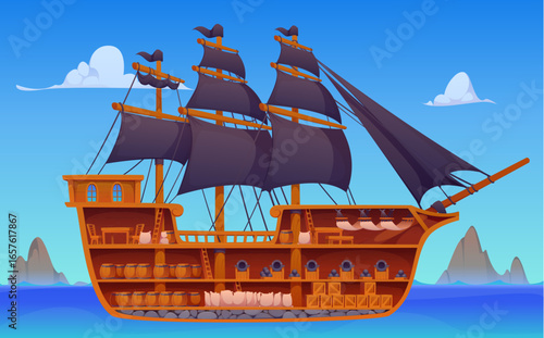 Pirate ship diagram or cross section of corsair sailboat or frigate boat, cartoon vector. Medieval pirate ship cross section cut with deck levels, barrel platforms and sailor cabins or bunkrooms