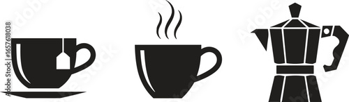 Coffee cup and mug silhouette icons, espresso, tea, takeout drinks, moka pot vector set, perfect for café, branding, menu design
