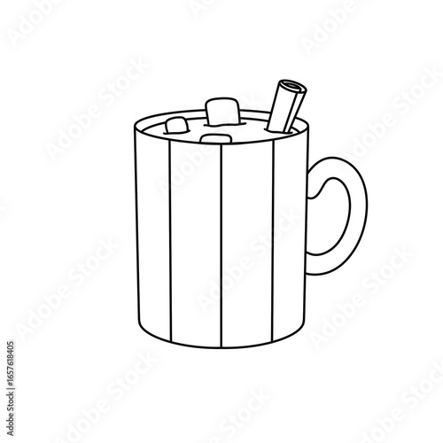 A mug with a striped handle and a cinnamon stick in it
