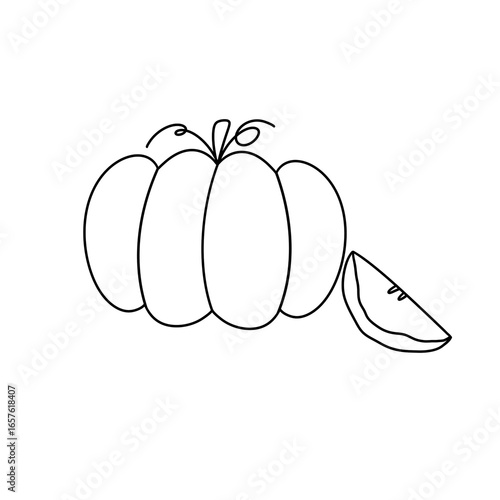 A pumpkin with a stem and a slice of orange