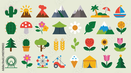A flat design illustration of 30 nature and landscape icons arranged in a 5x6 grid on a light beige background.  