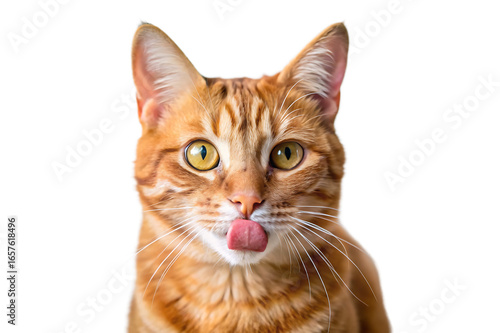 Adorable orange tabby cat licking its nose with its tongue out, isolated on transparent background