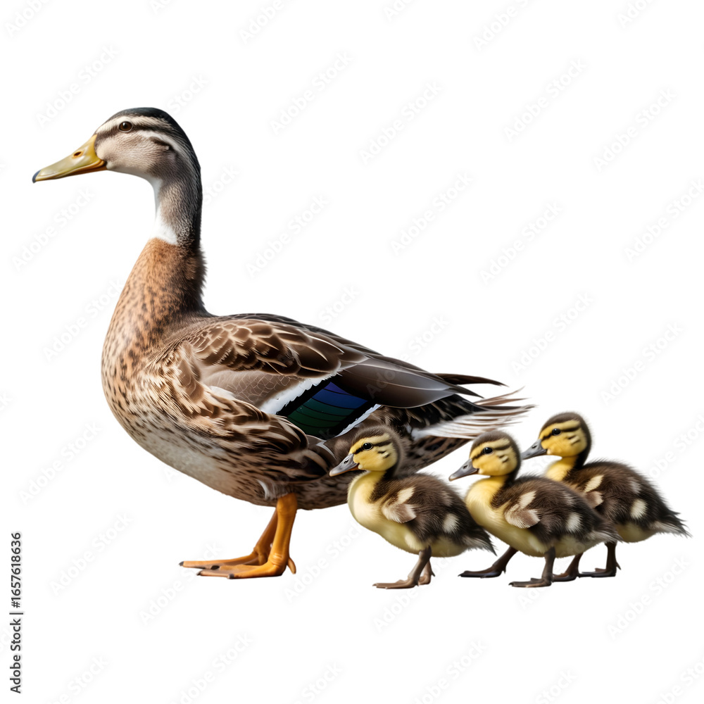 Obraz premium Mother duck leads her cute ducklings together on a nature walk springtime wildlife