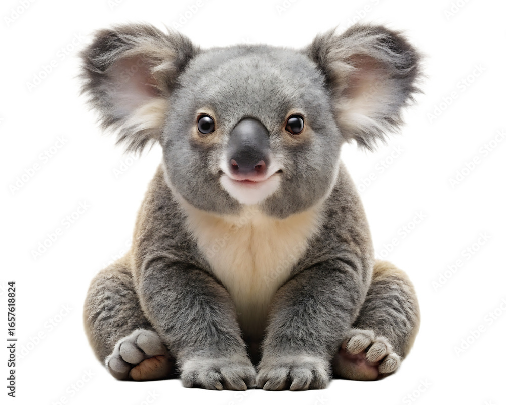 Obraz premium Cute baby koala sitting and smiling, isolated on transparent background