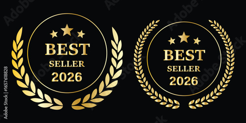 Best seller sticker label with ribbon, gold badge and gold ribbon with Stars and laurel wreath Decoration vector isolated Premium Quality text product, for book cover label or your product the