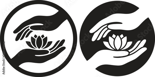 Hands holding lotus flower icon, black circular wellness symbol, healing and care logo, spiritual and nature concept, protection and balance illustration vector