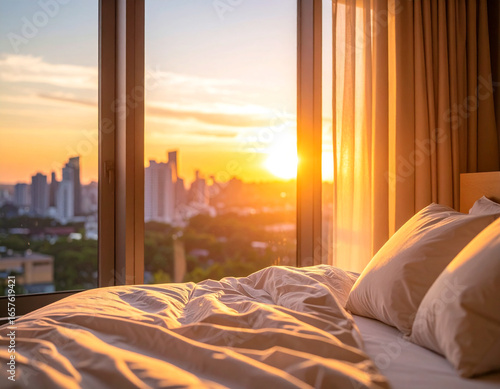 Golden Sunrise Illuminates a Cozy Bedroom with a Stunning Urban Cityscape View.