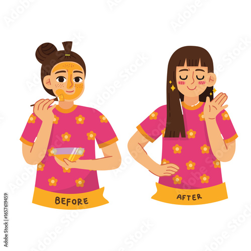 Illustration showing a girl applying a facial mask in a "before" scene and revealing smooth, glowing skin in the "after" scene, highlighting skincare results.