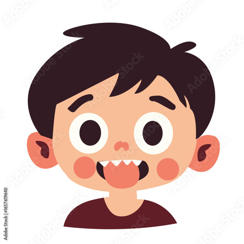 Cartoon boy sticking tongue out with playful and silly expression, showing fun and cheeky mood in design.
