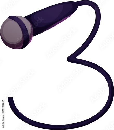 Cartoon number three musical font math symbol as a microphone with a wire, music instrument typeface, entertainment funny type, alphabet abc. Isolated vector digit 3 as musician or singer equipment