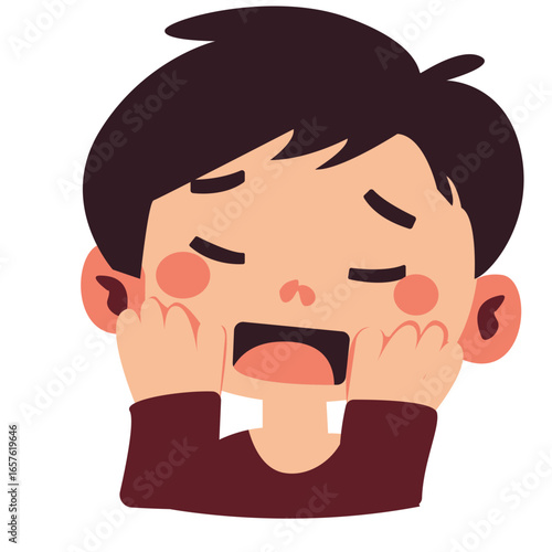 Cartoon boy yawning with sleepy face, eyes half closed, showing tired and drowsy expression in vector illustration.