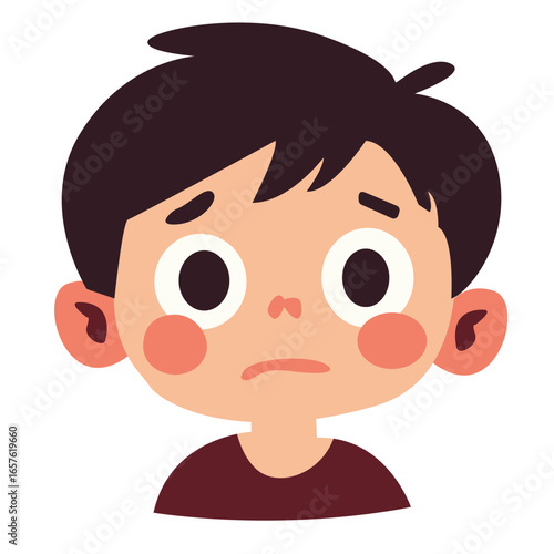 Illustration of a boy frowning with sad eyes and closed lips, showing disappointment and dissatisfaction expression.
