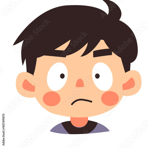 Illustration of a confused boy with uncertain eyes and hesitant mouth, showing doubtful and puzzled expression.
